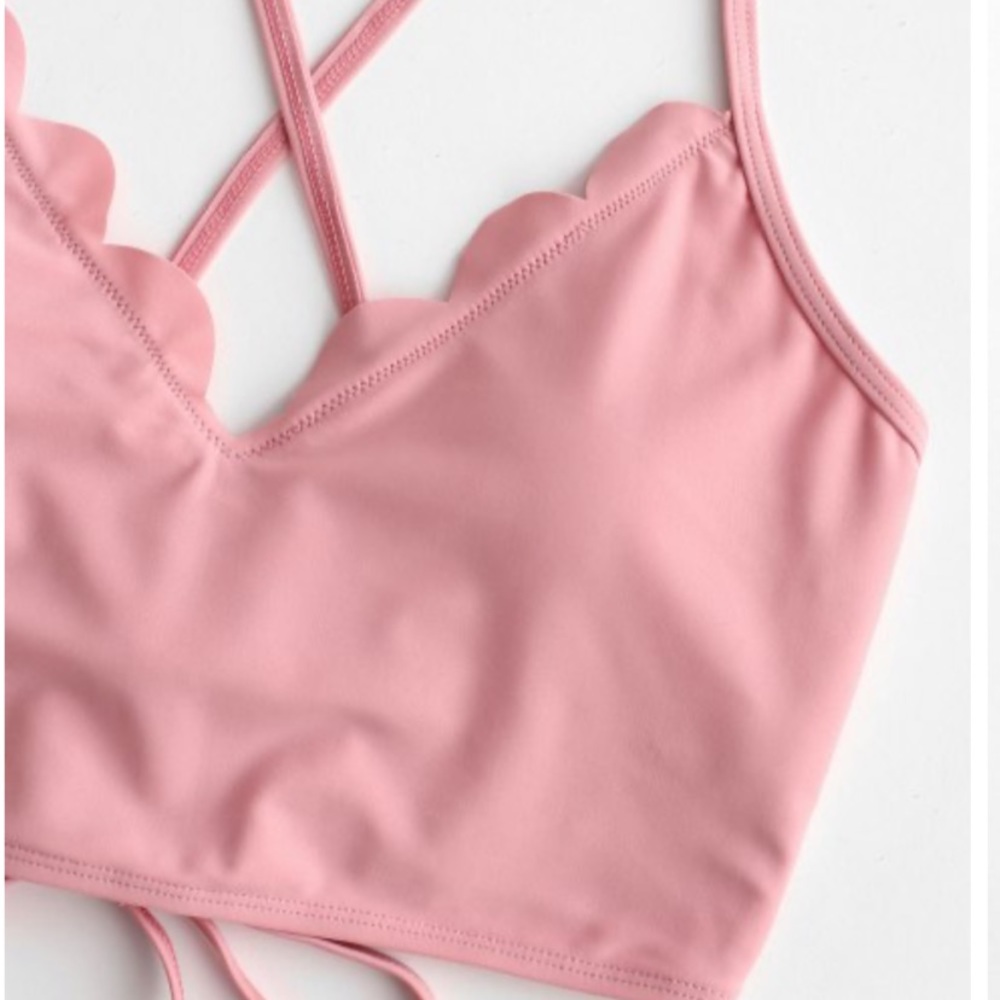 ZAFUL Scalloped Lace-up Ruched Tankini Swimsuit
